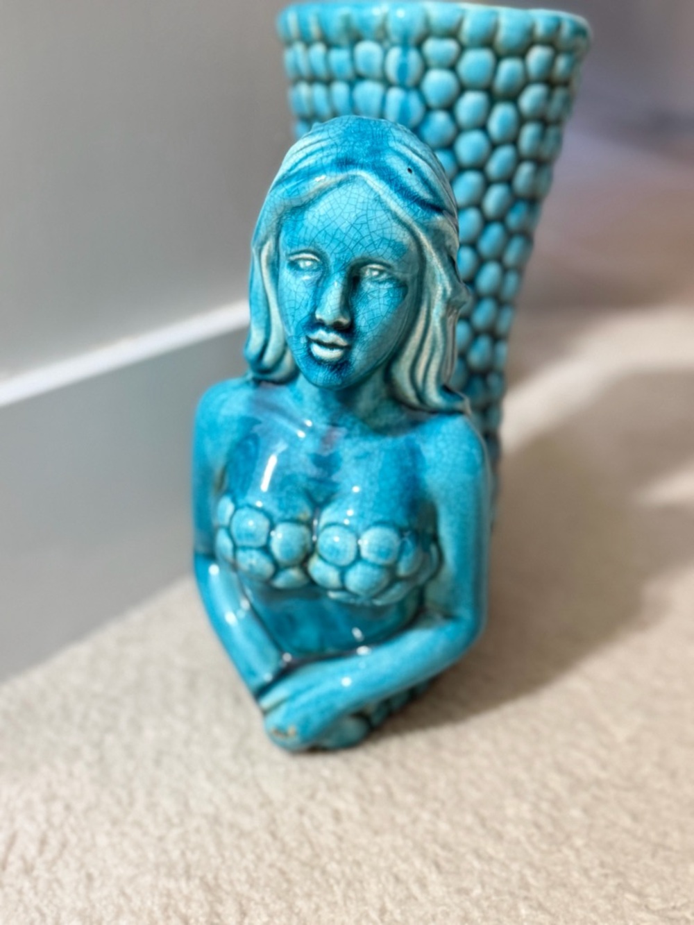 Antique Turquoise Ceramic Mermaid Figurine Vase